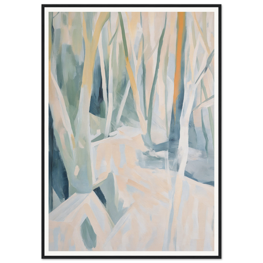 Framed abstract painting of a forest scene in muted earthy tones, perfect for room decor.