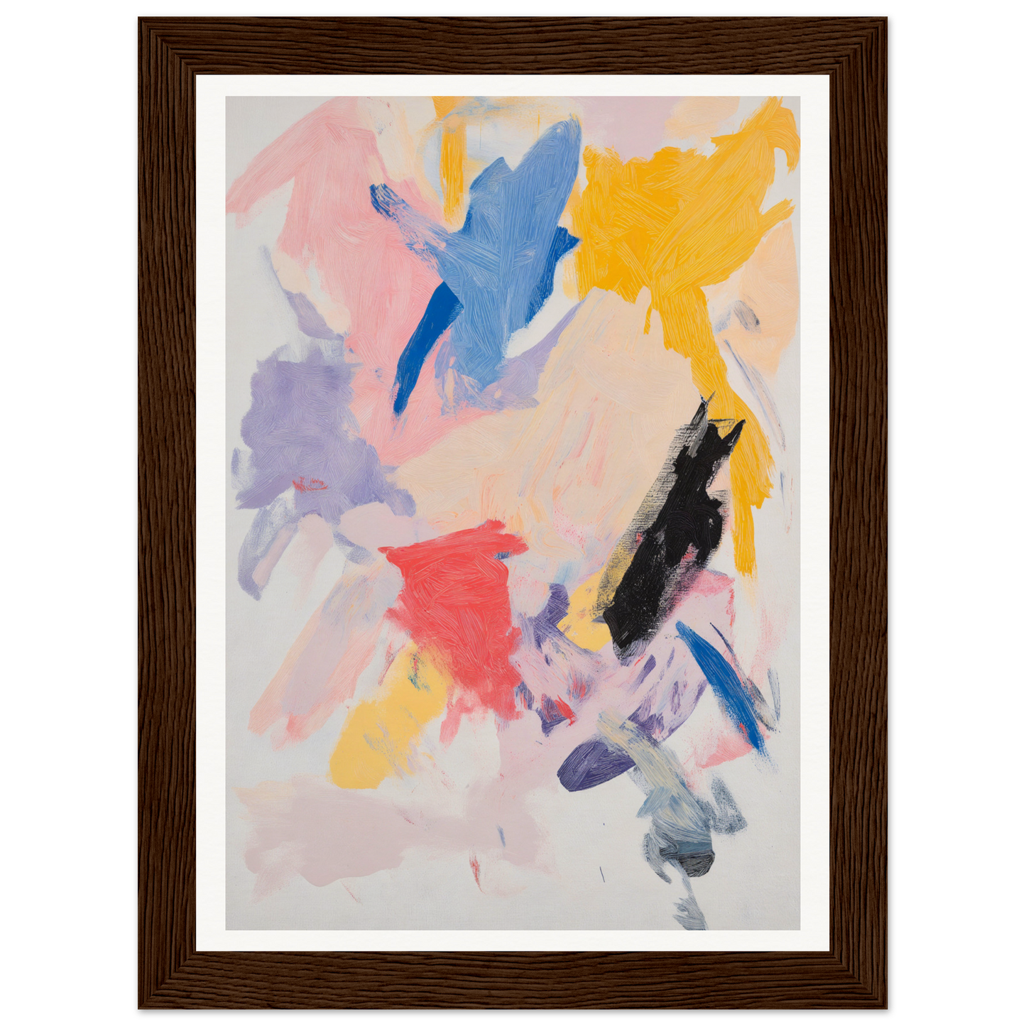 Framed wall art featuring bold, colorful brushstrokes in a wooden frame.