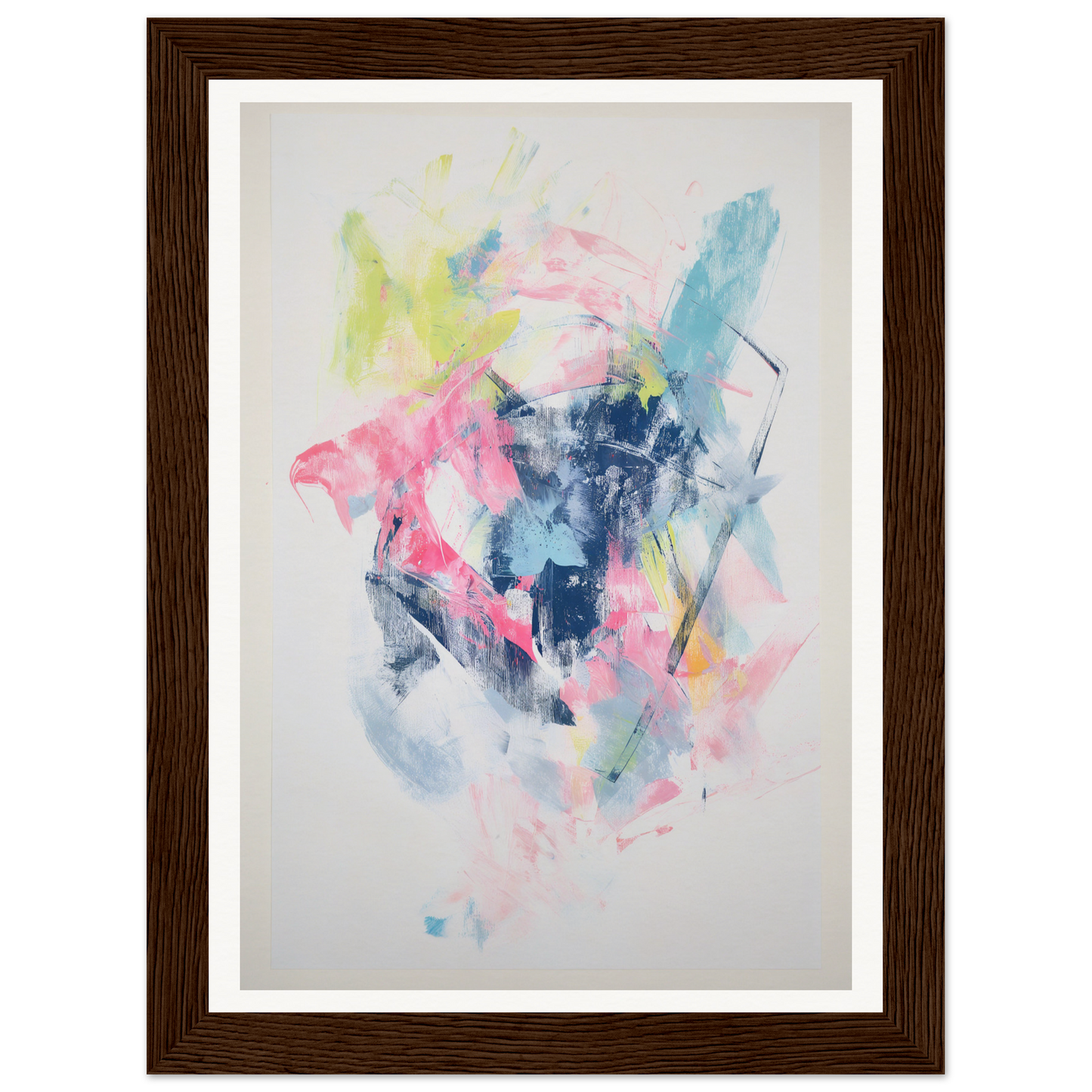 Framed wall art: Abstract painting with pink, blue, yellow splashes in a brown frame.