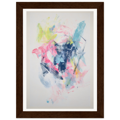 Framed wall art: Abstract painting with pink, blue, yellow splashes in a brown frame.