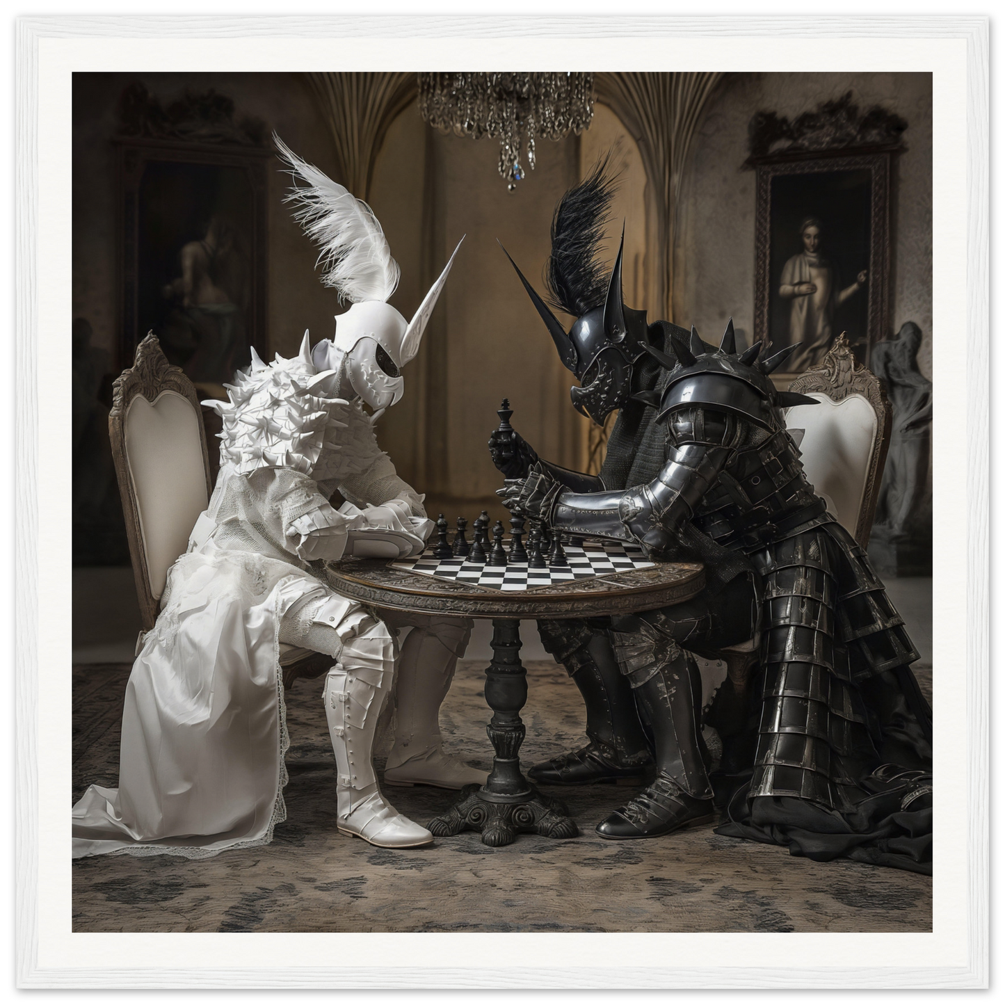 Two armored figures strategize in Armor’s Silent Gambit framed poster art