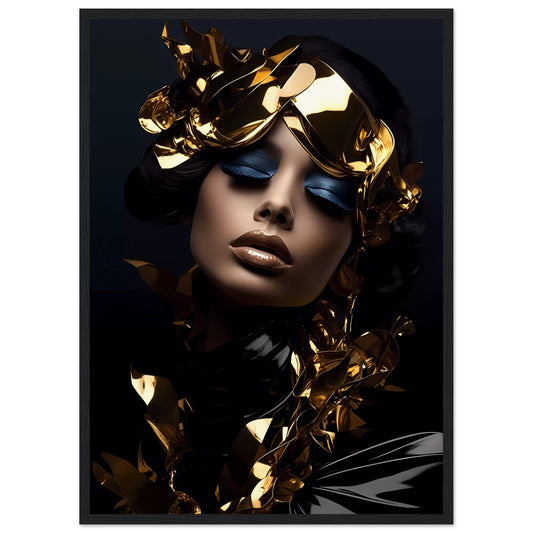 Striking portrait featuring a person adorned with golden metallic elements and blue eyeshadow against a dark background.