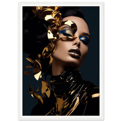 Striking portrait of a person wearing dramatic gold and black makeup and accessories against a dark background.