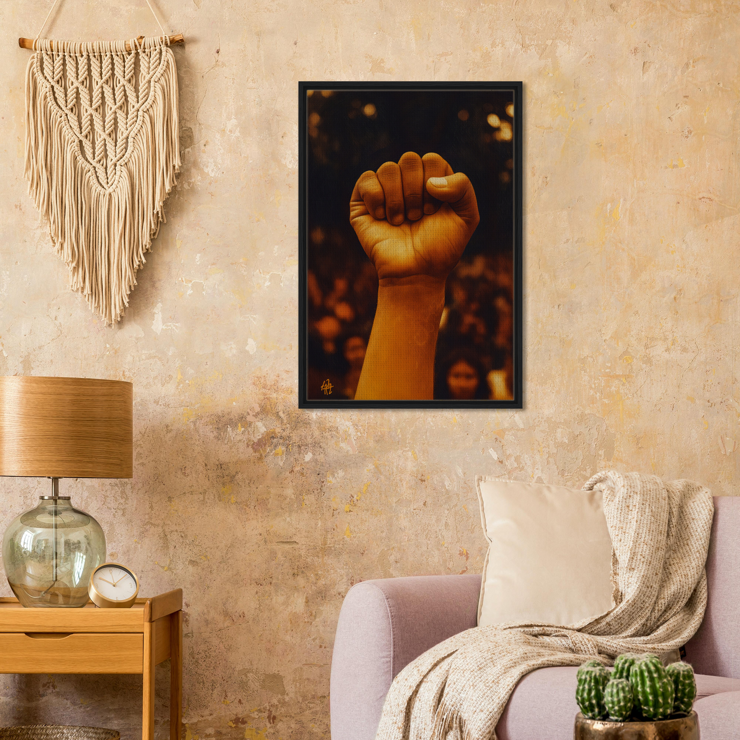 Raised fist representing unity in Earthy Defiance Resonate framed canvas print