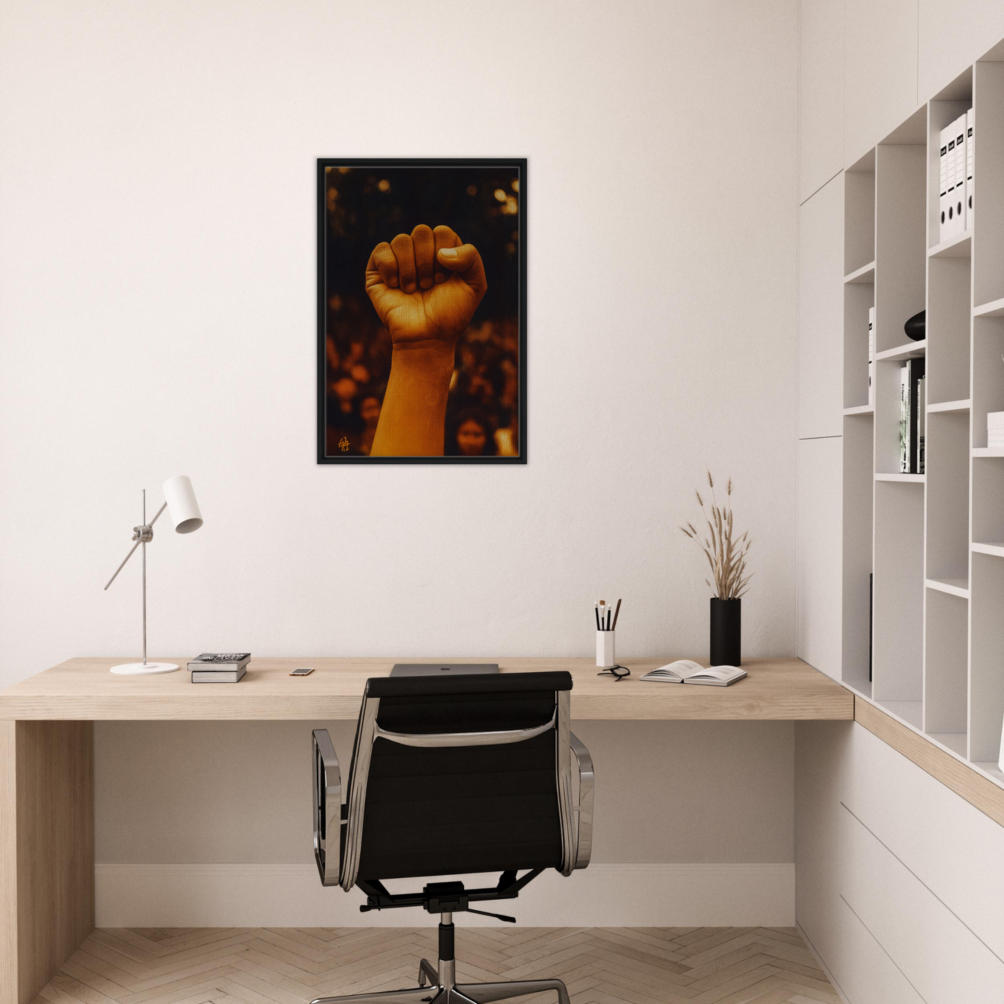 Minimalist home office showcasing Earthy Defiance Resonate framed wall art and decor