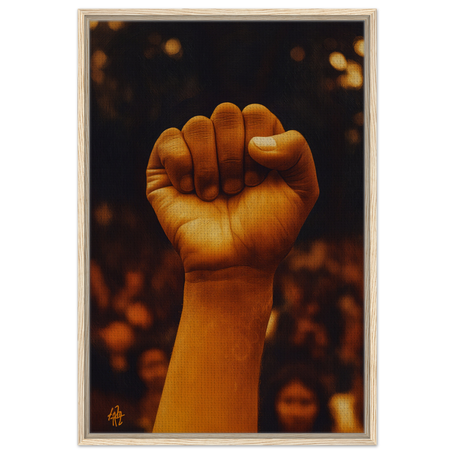 A raised fist illuminated in warm light, embodying Earthy Defiance Resonate framed canvas print