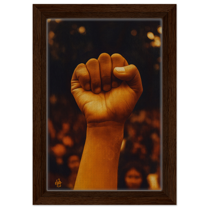 Raised fist in solidarity on Earthy Defiance Resonate framed canvas print