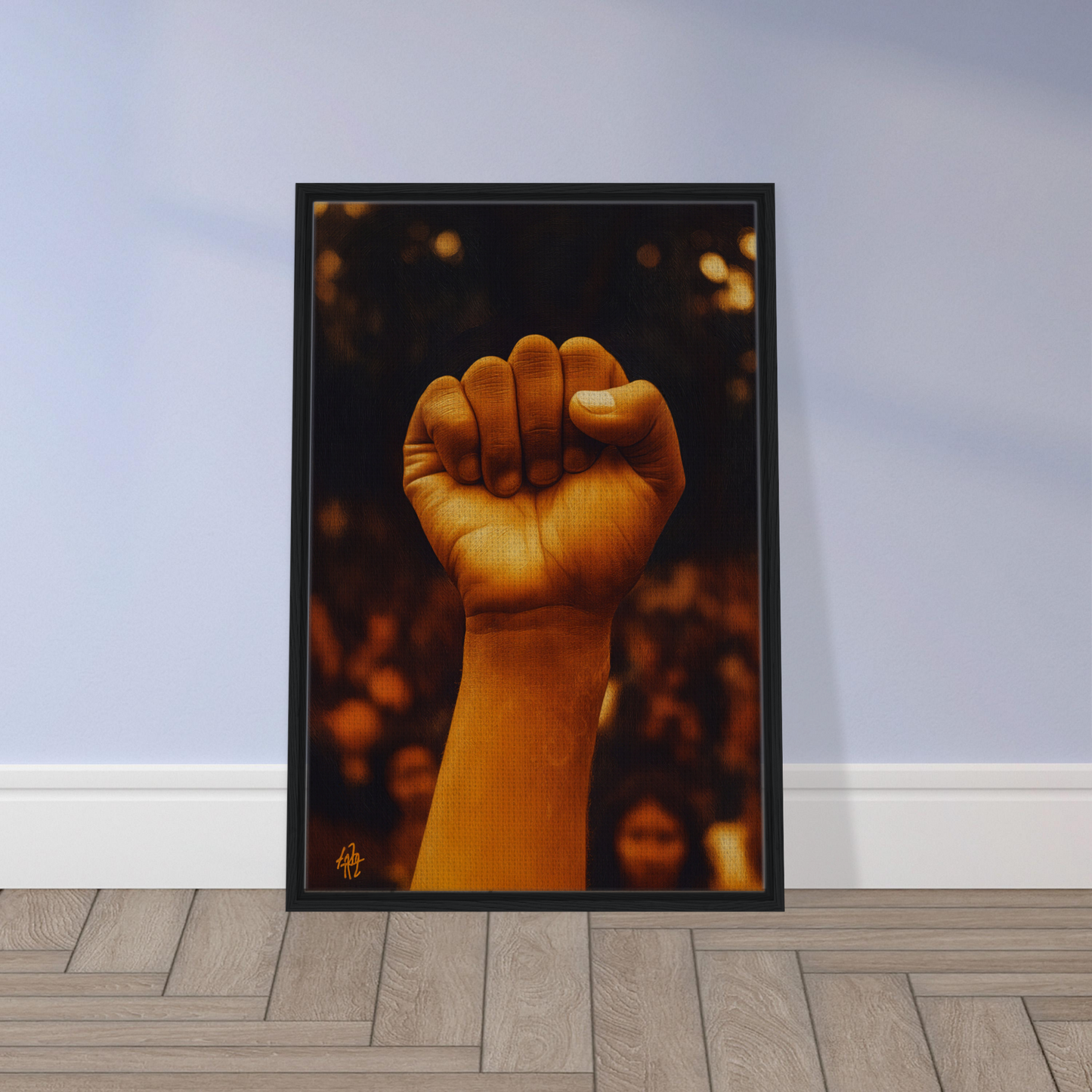 Raised fist in warm light, symbolizing Earthy Defiance for Defiance Resonate framed canvas print