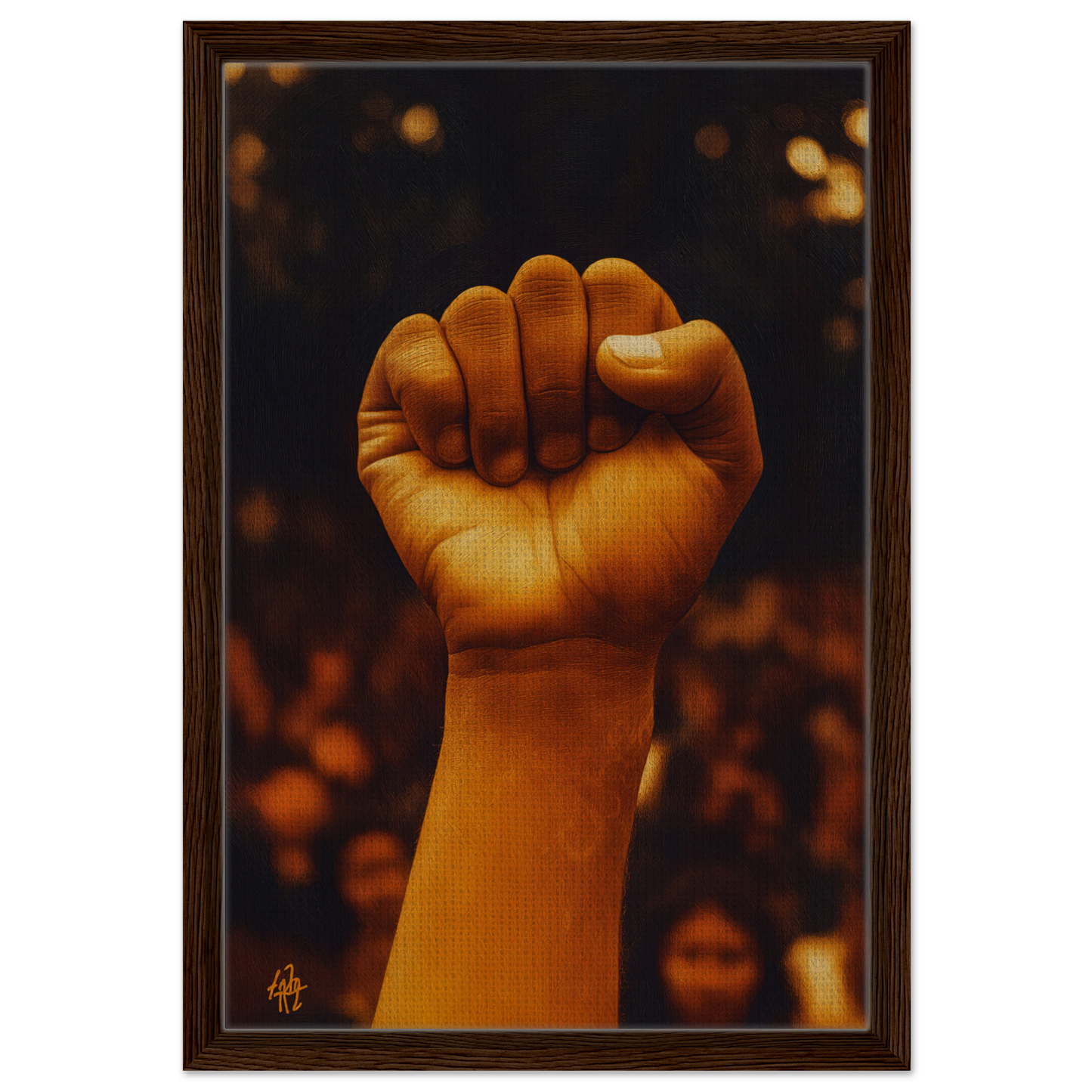 Raised fist symbolizing Earthy Defiance on a blurred background for Framed Canvas Print