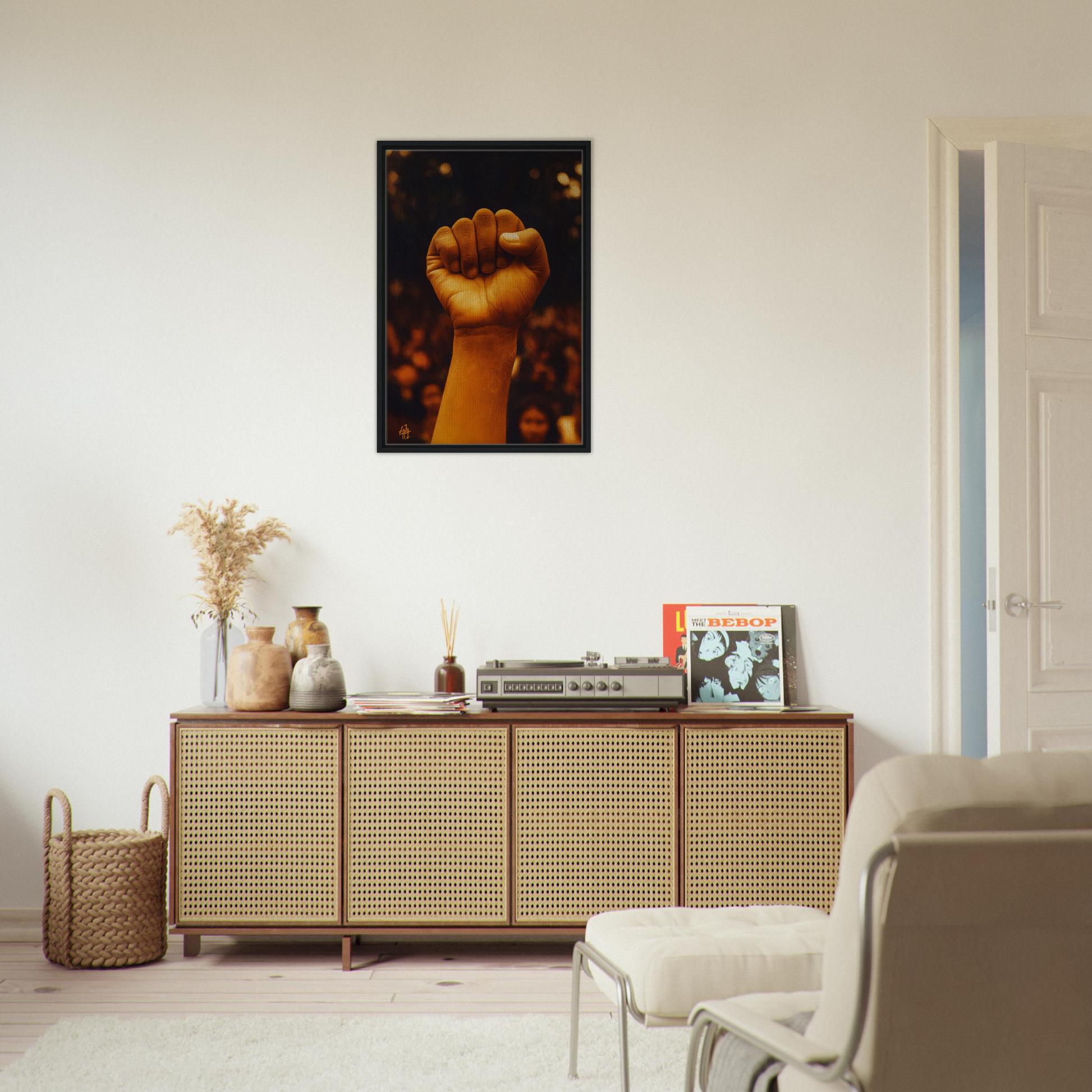 Wooden sideboard with cane-webbed doors, part of Earthy Defiance room decor