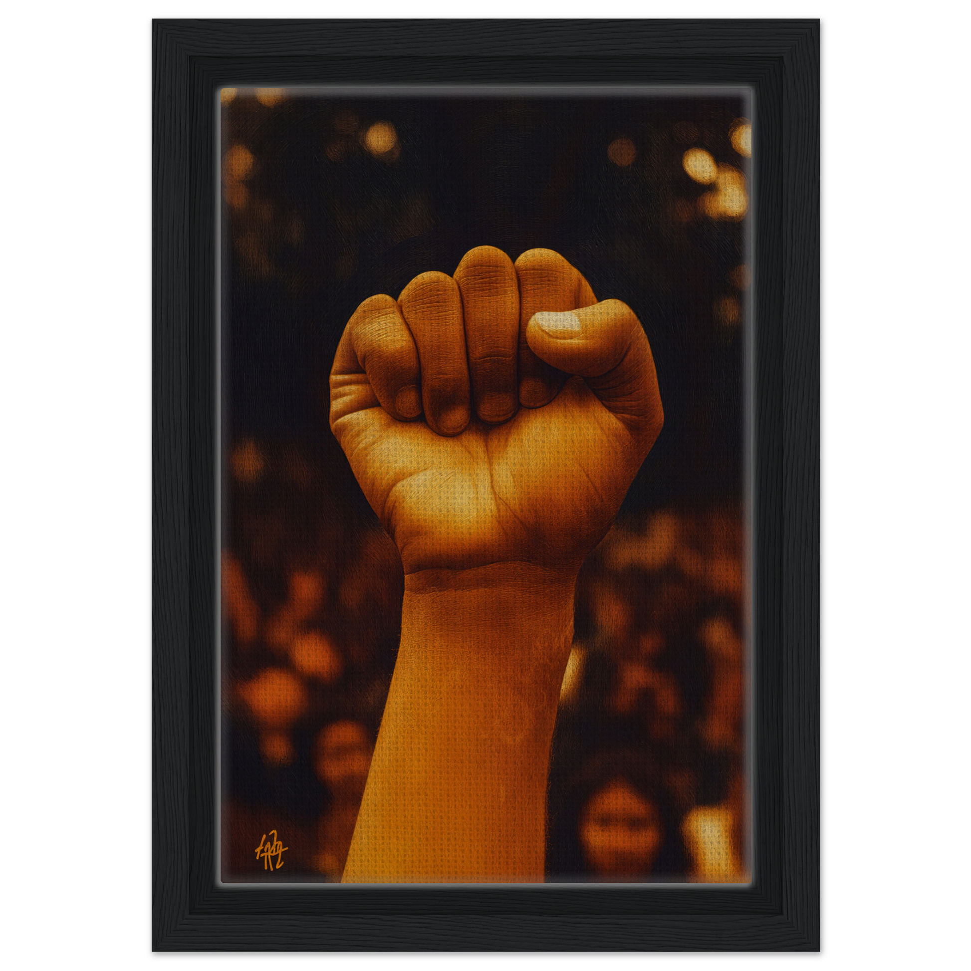 Raised fist illuminated in warm light, symbolizing Earthy Defiance, framed canvas print