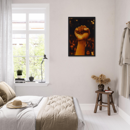 Bedroom featuring the Earthy Defiance framed canvas print of a raised fist artwork