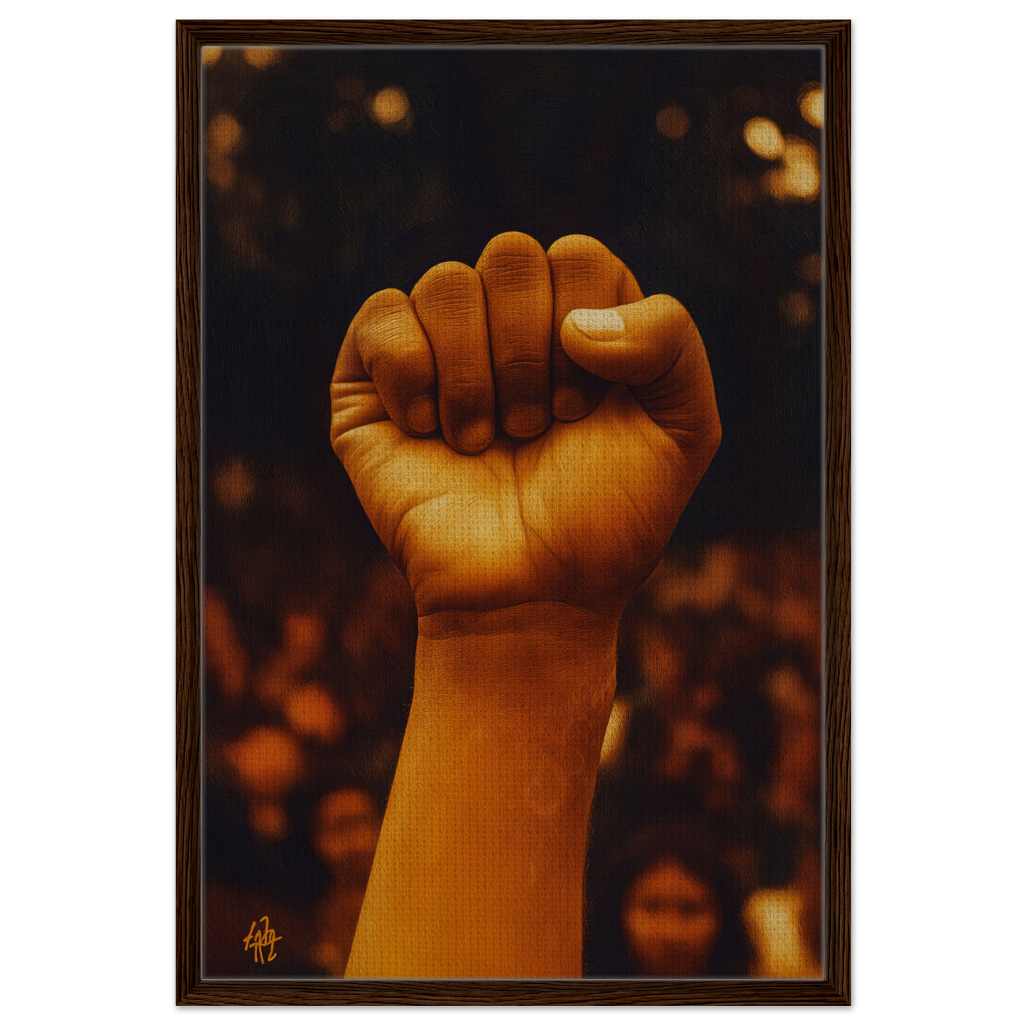 Clenched fist in warm light symbolizes Earthy Defiance in framed canvas print