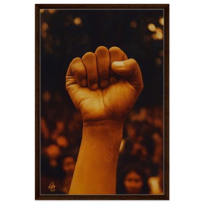 Clenched fist in warm light symbolizes Earthy Defiance in framed canvas print