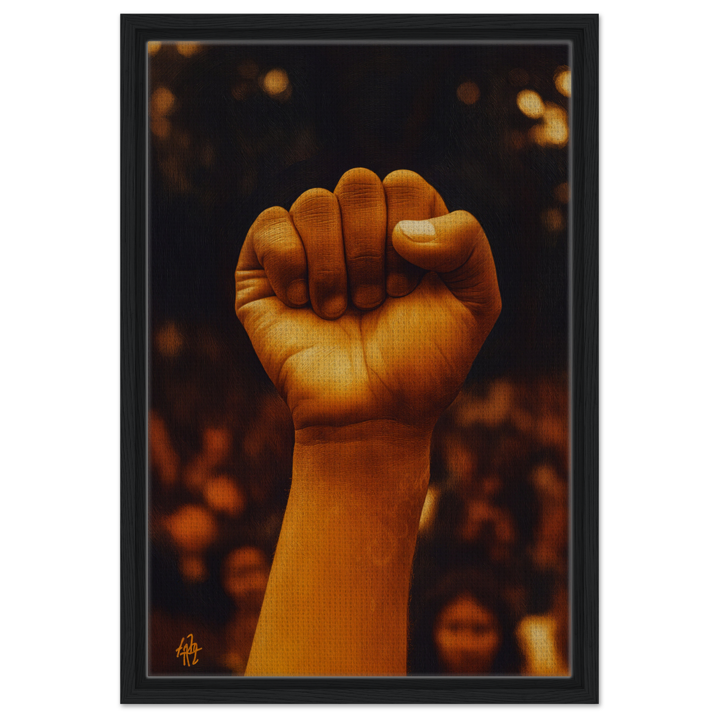 A raised fist in warm light symbolizes Earthy Defiance in Defiance Resonate framed canvas print