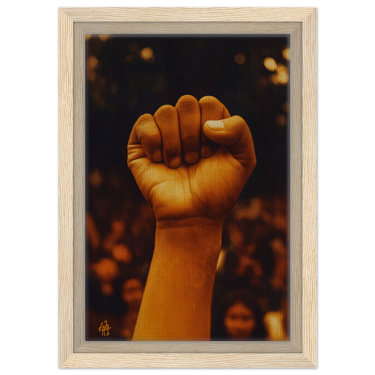 A raised fist in warm light symbolizing Earthy Defiance for room decor and inspiration