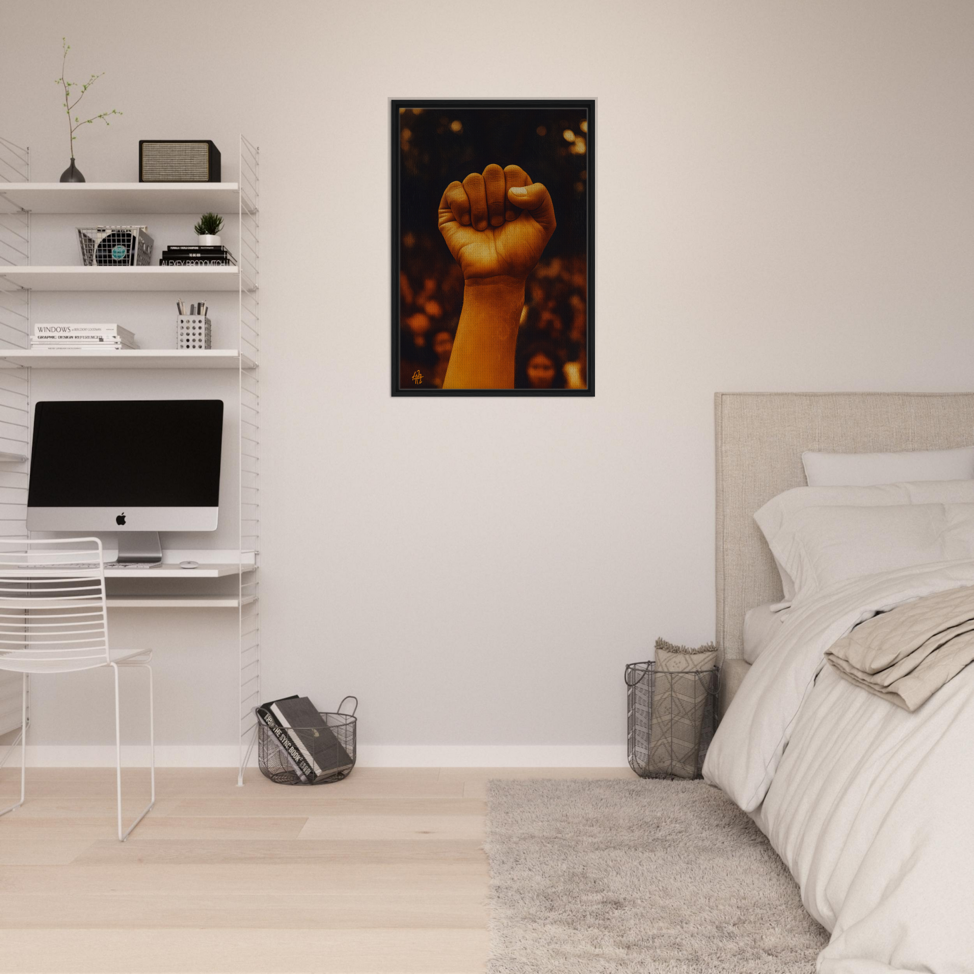 Raised fist artwork displayed on a wall as Earthy Defiance Resonate framed canvas print