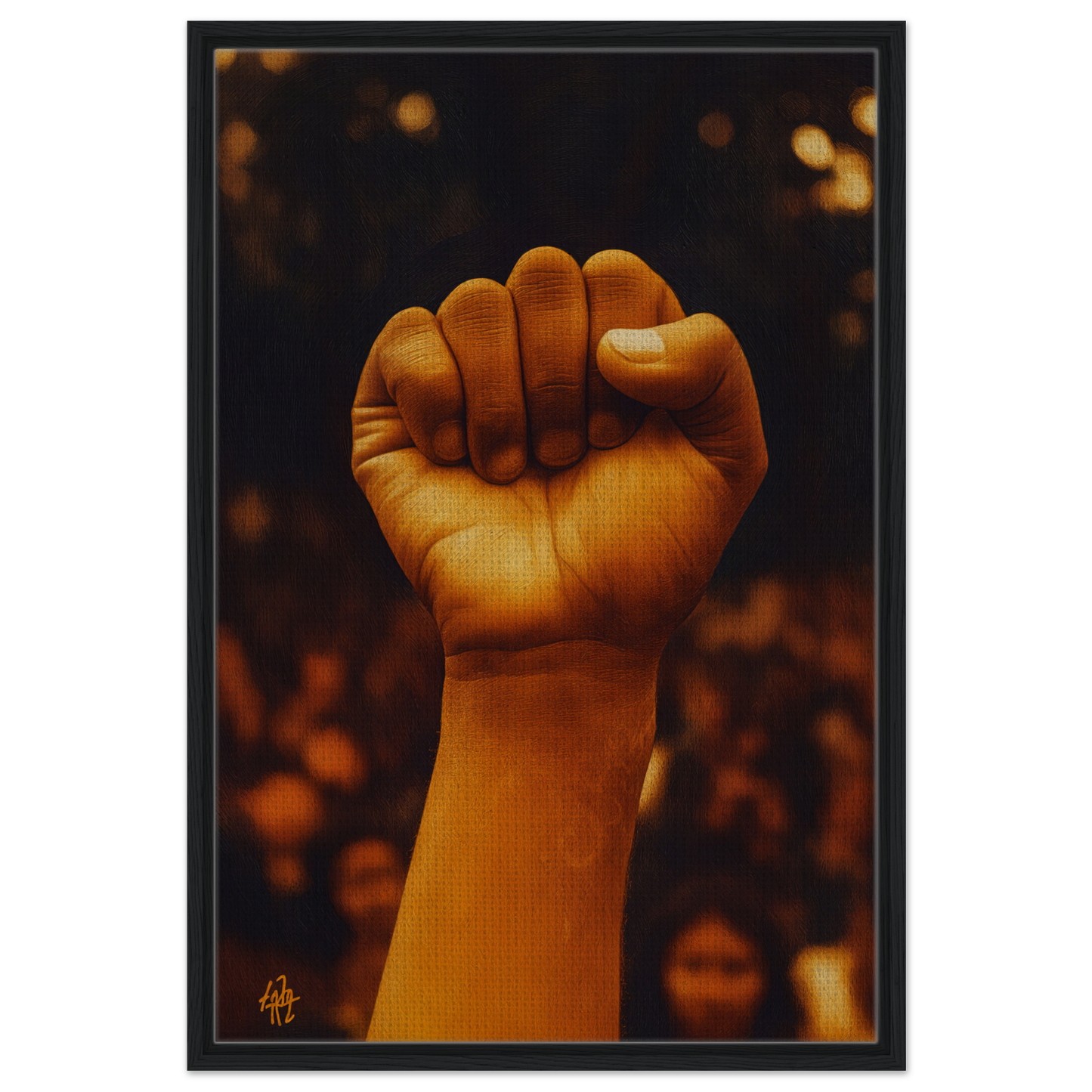 A raised fist representing earthy defiance in the Earthy Defiance Resonate framed decor