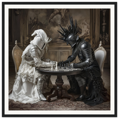 Two ornate figures in black and white playing chess in Duelling Nightmares Vision art