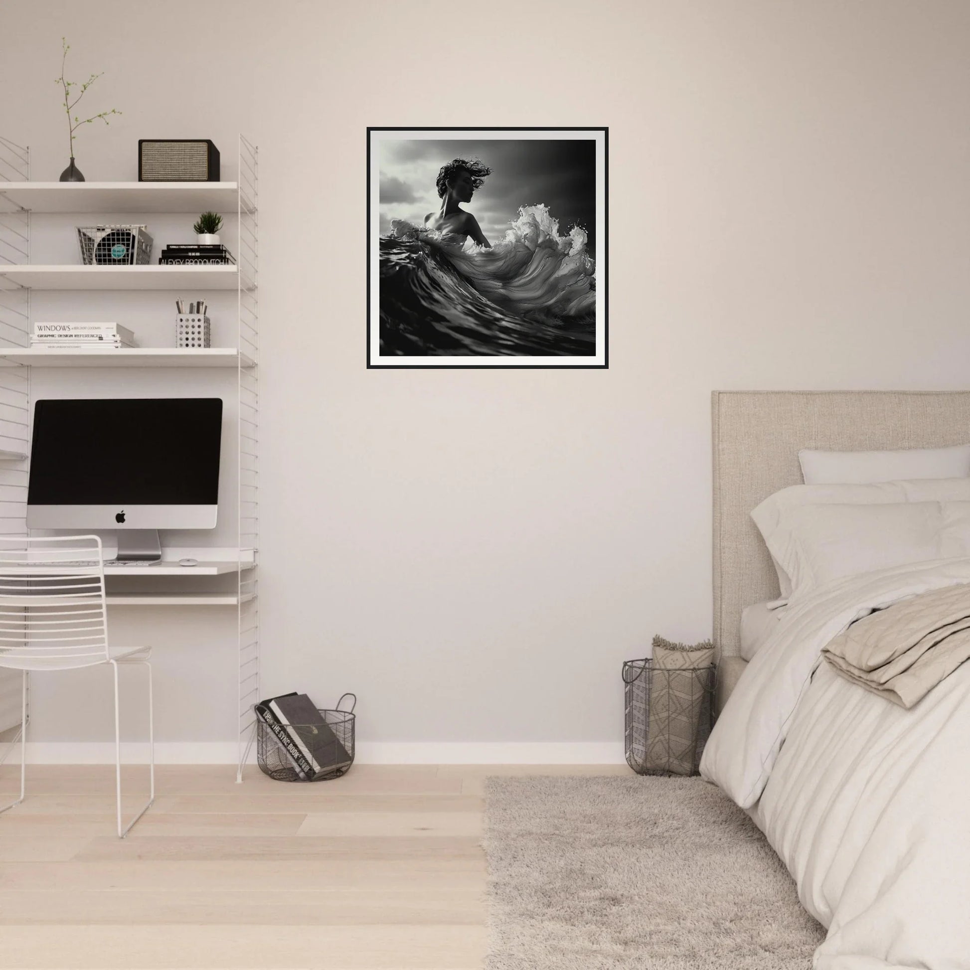 Minimalist bedroom featuring Ebb Undulate Insights with sleek iMac and surf artwork