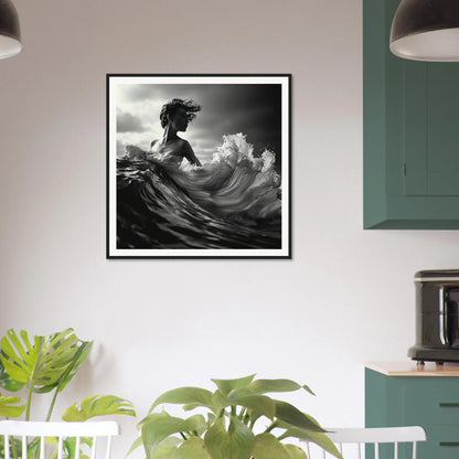 Black and white framed photo of a surfer in a wave, showcasing timeless elegance in Ebb Undulate Insights