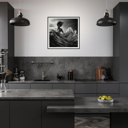 Modern dark gray kitchen with industrial lights and a museum-quality surfing photo