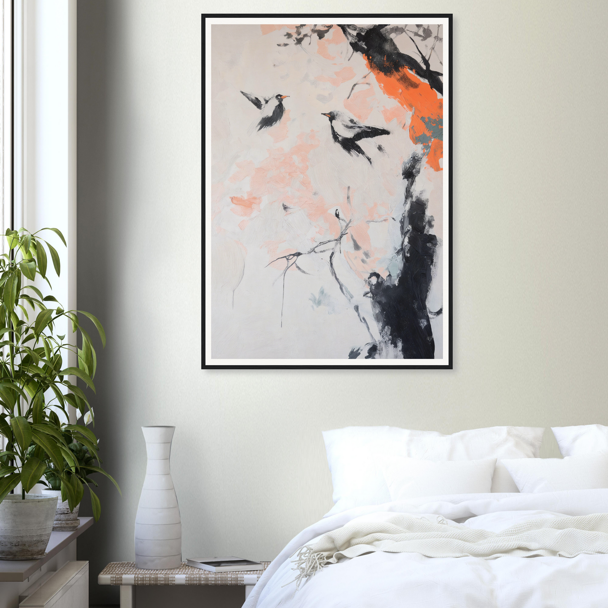 Framed abstract bird painting complements the room decor above a white bed, with vase nearby.