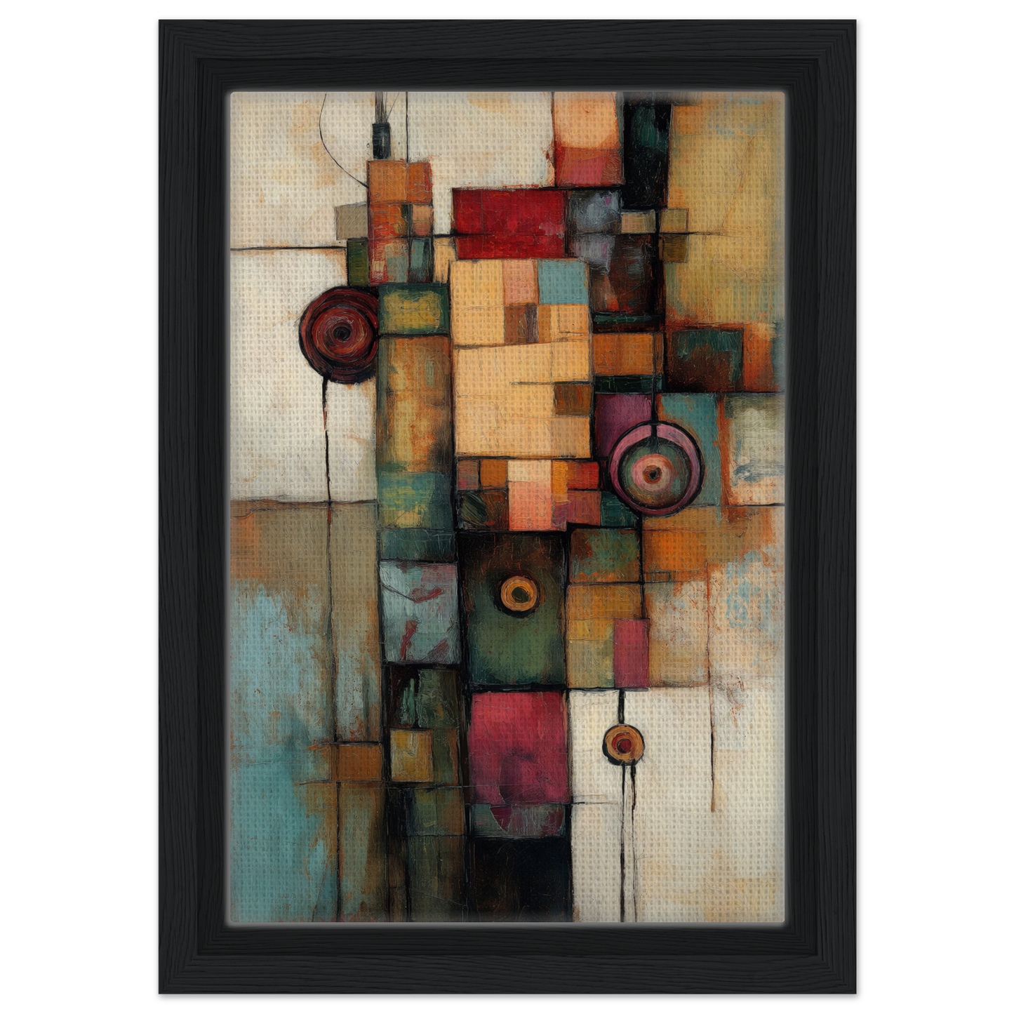 Abstract painting with geometric shapes in earthy tones for Echoing Serene Chroma room decor