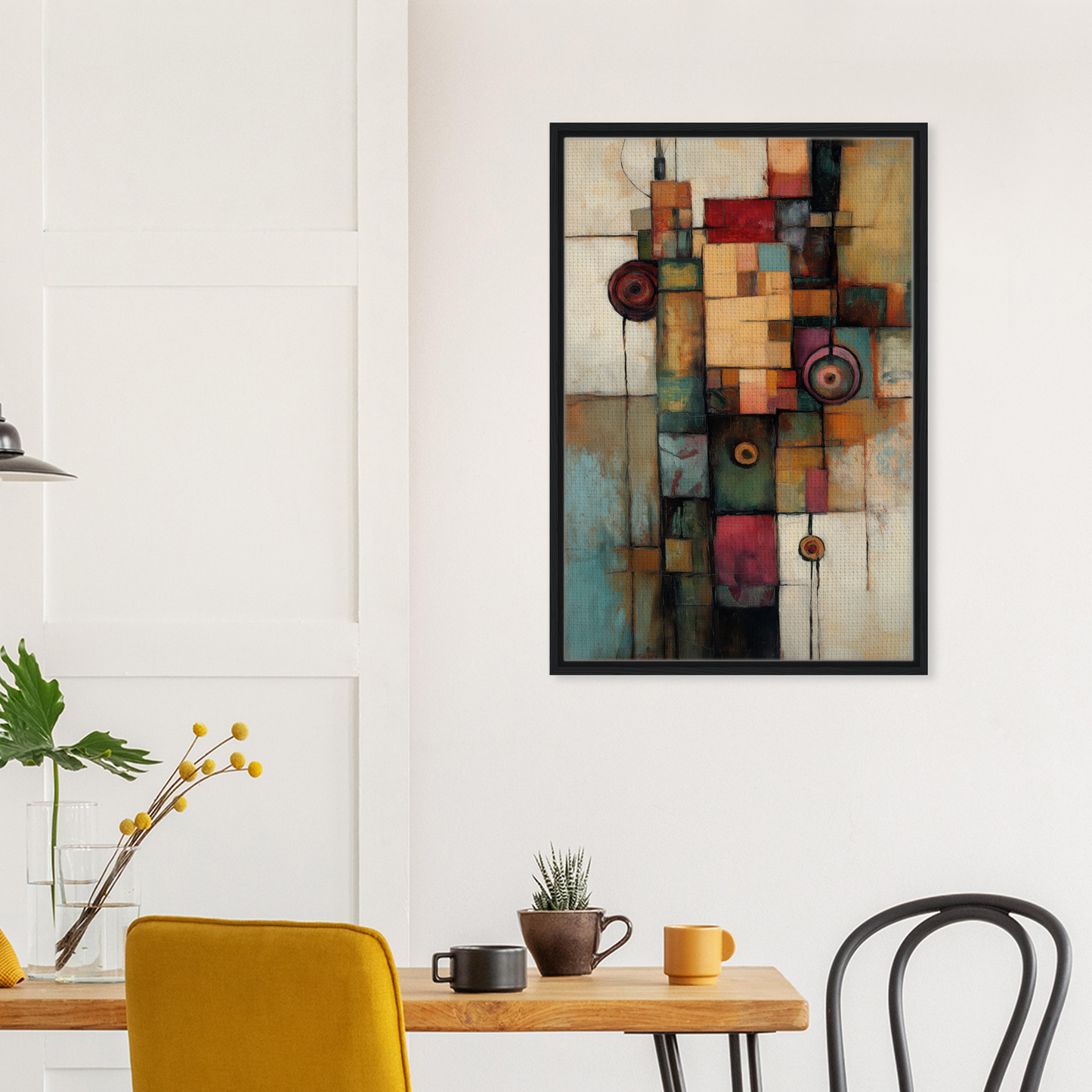 Abstract painting of geometric shapes in muted colors, framed canvas print Echoing Serene Chroma