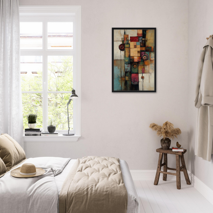 Cozy bedroom with white decor and abstract art from Echoing Serene Chroma framed canvas print