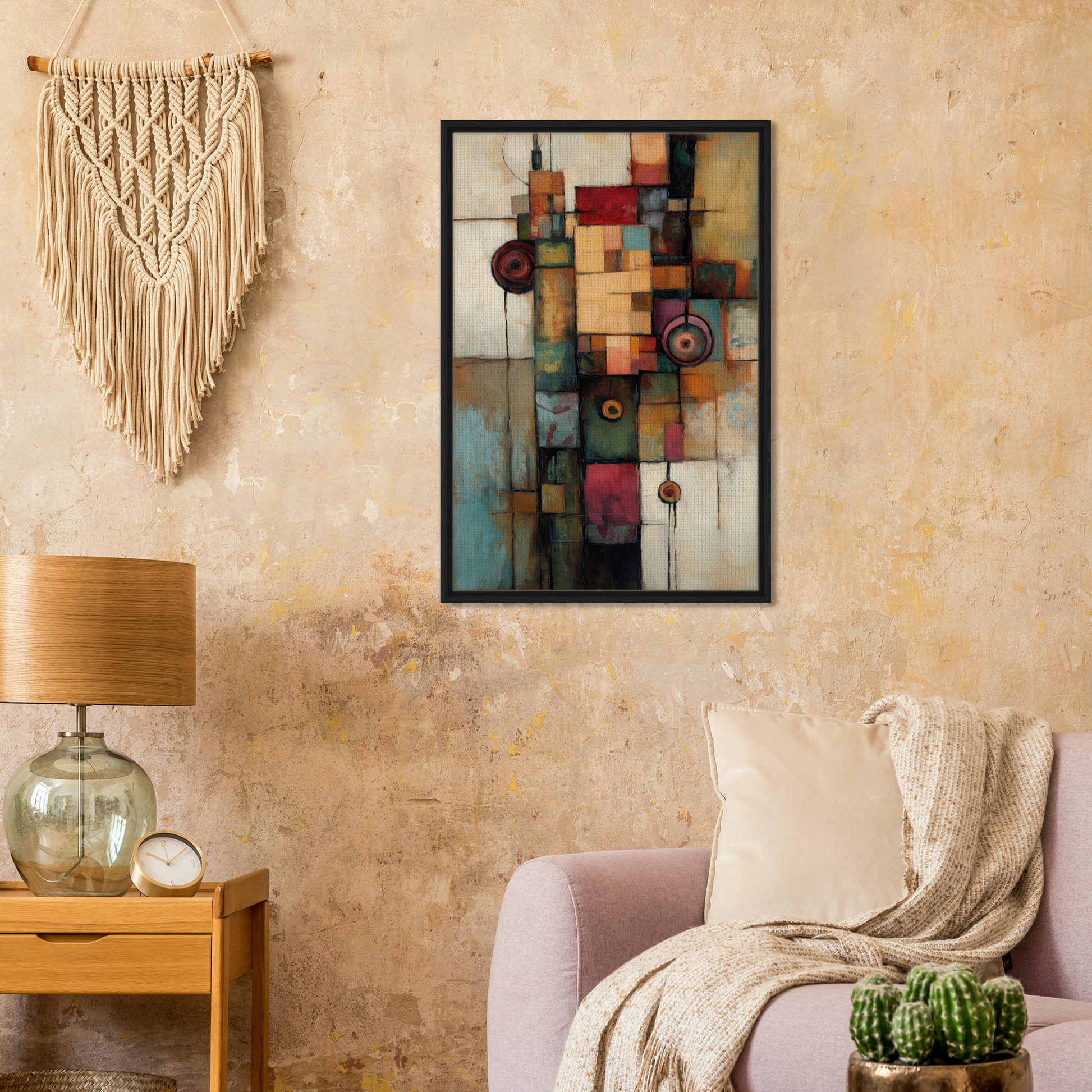 Abstract geometric painting in black frame, part of Echoing Serene Chroma collection