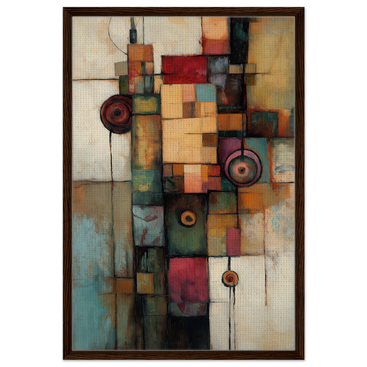 Abstract painting of geometric shapes in earthy tones for Echoing Serene Chroma framed canvas print