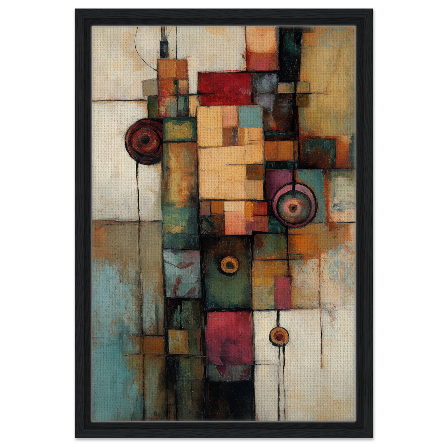 Abstract painting with geometric shapes in earthy tones for Echoing Serene Chroma room decor