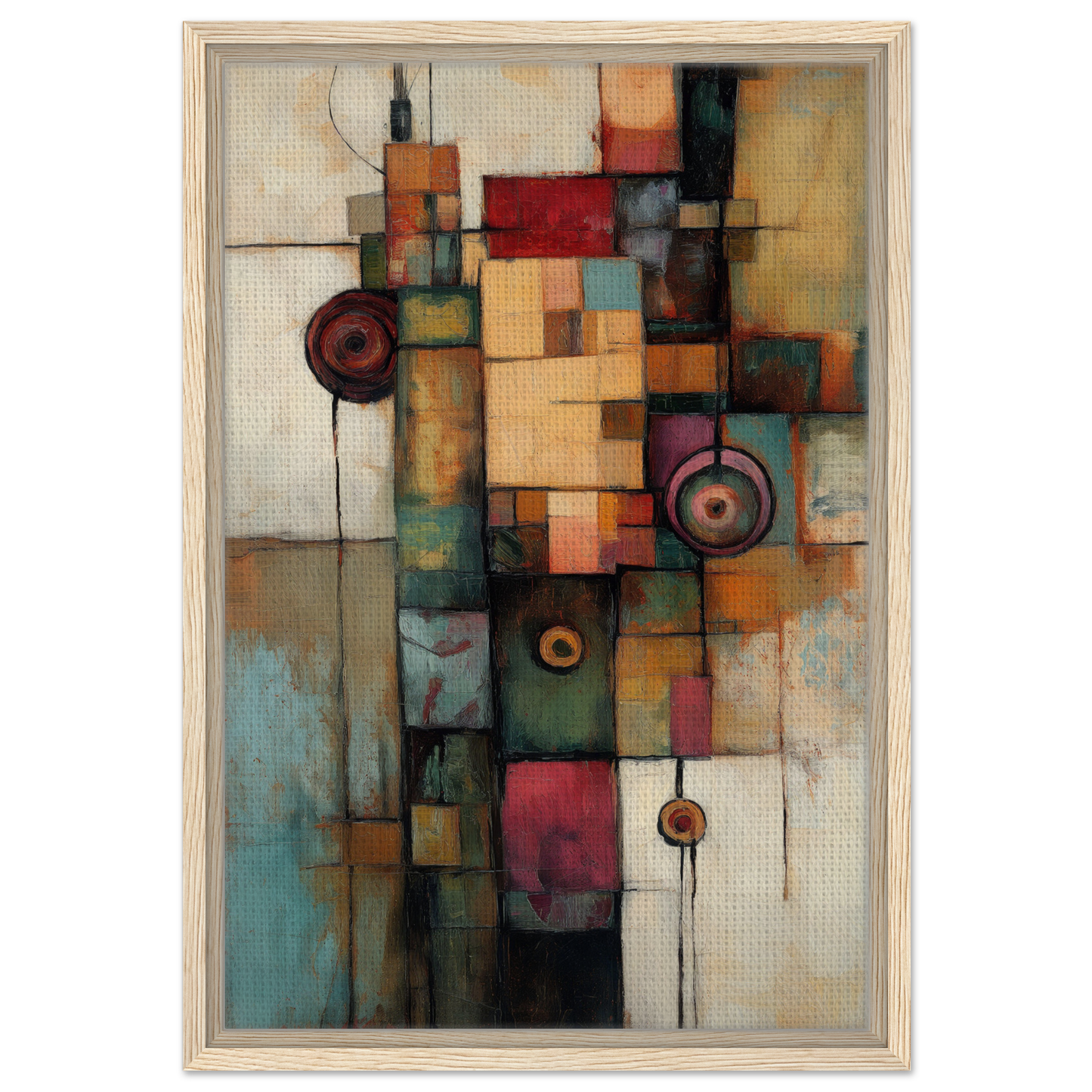 Abstract painting of geometric shapes in earthy tones for Echoing Serene Chroma framed canvas print