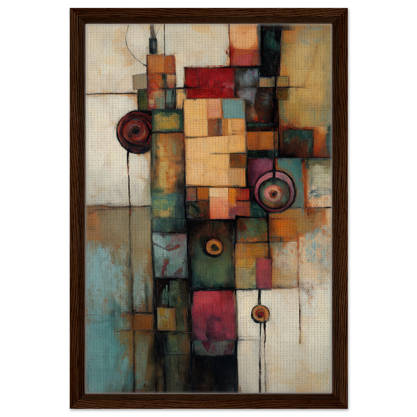 Abstract painting of geometric shapes and circles in earthy tones for Echoing Serene Chroma