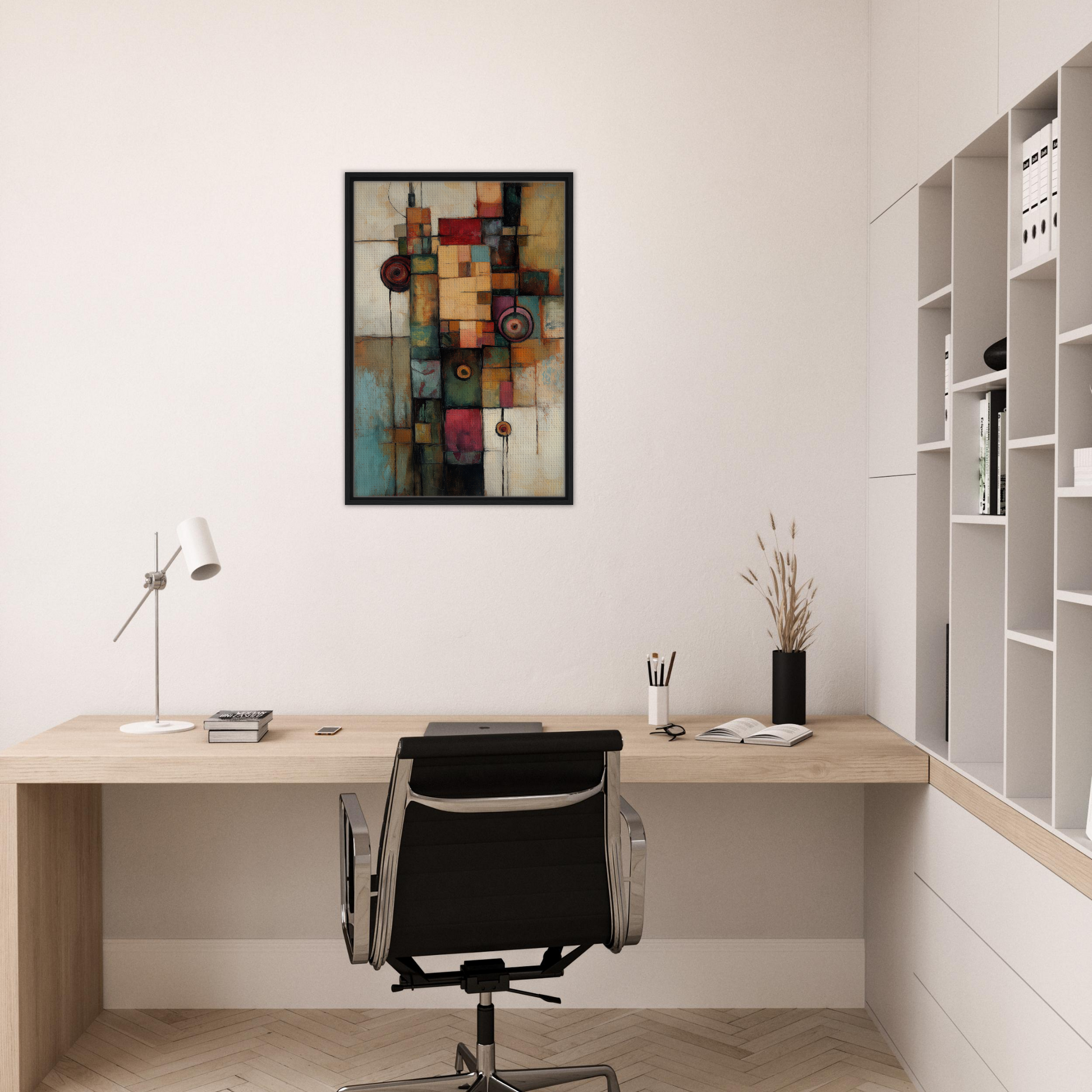 Modern home office with minimalist desk, ergonomic chair, and Echoing Serene Chroma art