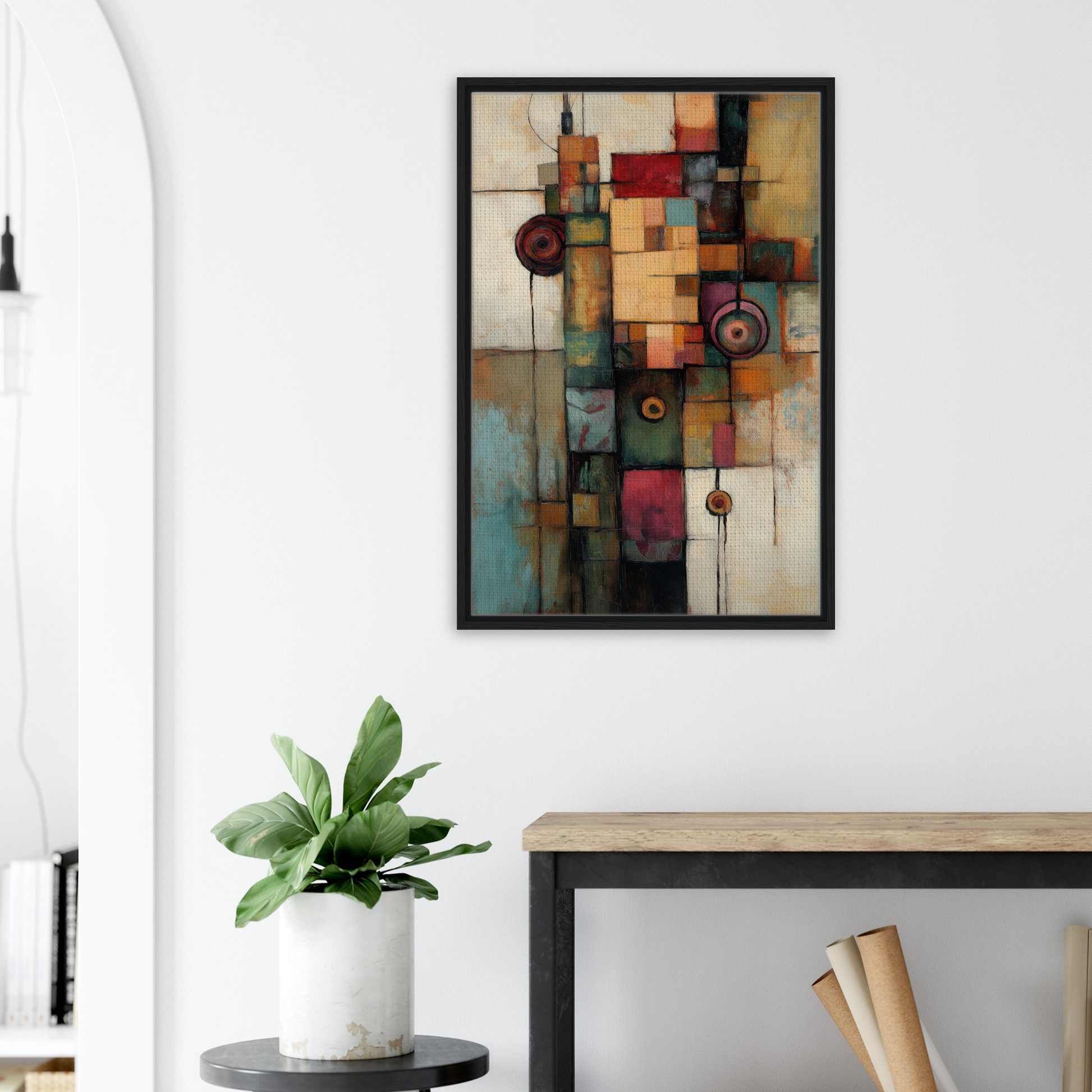 Abstract geometric painting in earthy tones for Echoing Serene Chroma room decor