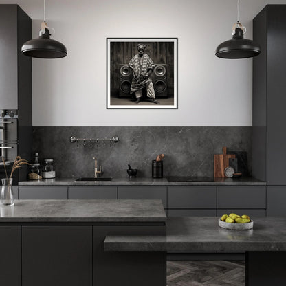 Modern dark kitchen with matte black cabinets and industrial lights, Echos of Mysticism art