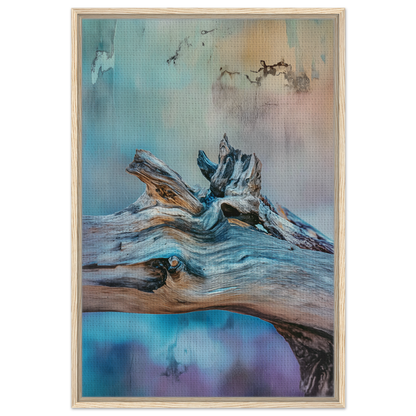 Weathered driftwood log with gnarled form in Ecstasy Drift Rhythms framed canvas print