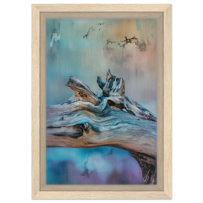 Weathered driftwood log with gnarled branches in Ecstasy Drift Rhythms framed canvas print