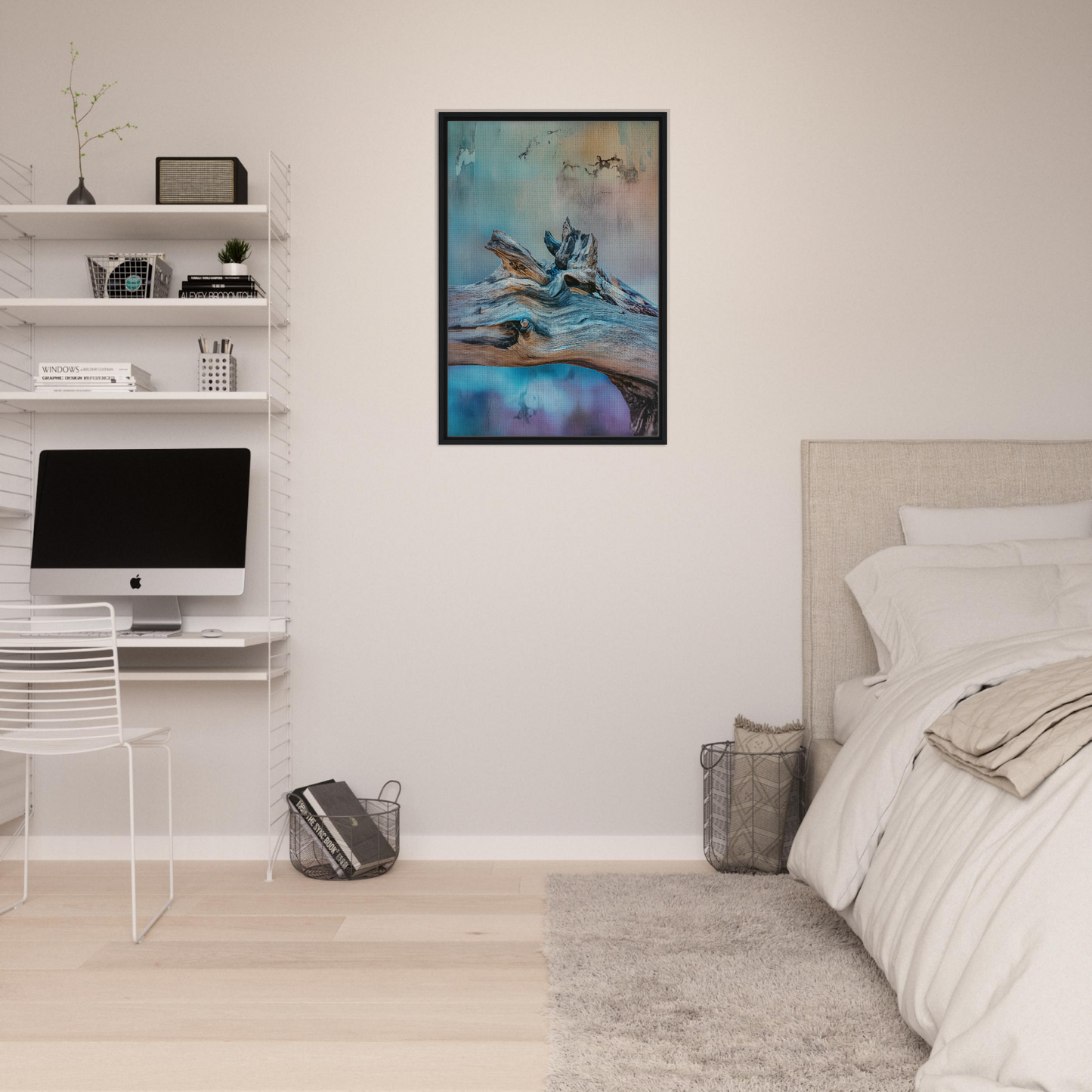 Framed abstract artwork of Ecstasy Drift Rhythms in blue and teal surreal landscape