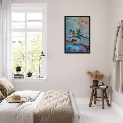 Cozy bedroom featuring Ecstasy Drift Rhythms framed canvas print and artistic decor