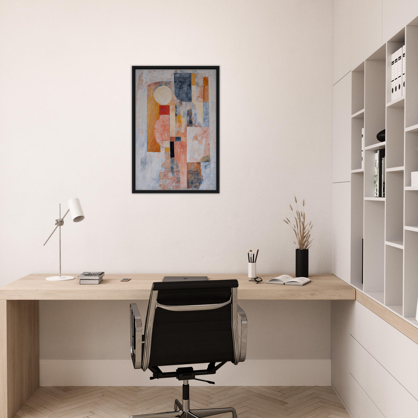 Minimalist home office with Ecstasy Geometry Dreams framed canvas print and wooden desk