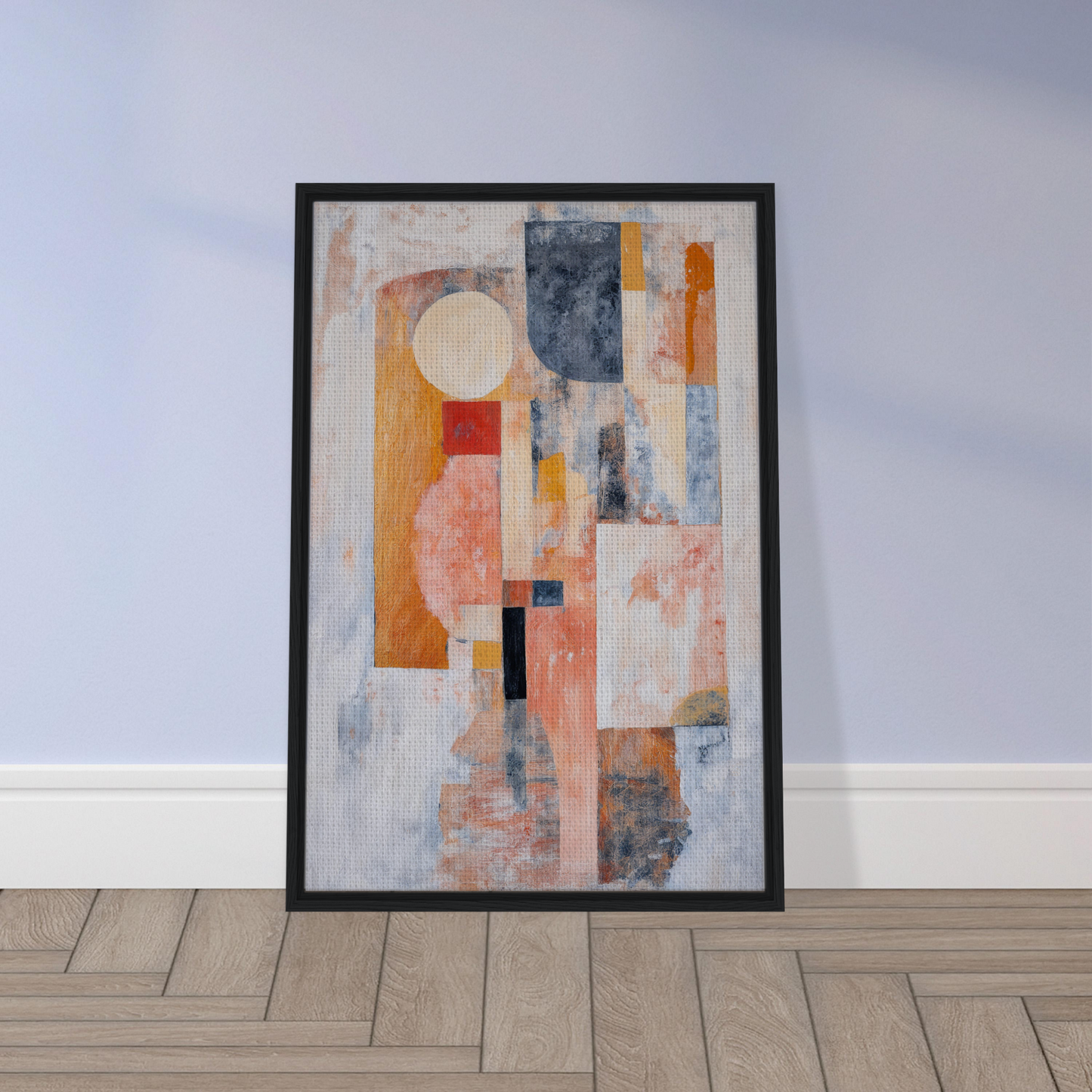 Abstract painting in black frame showcasing muted colors and geometric shapes for room decor