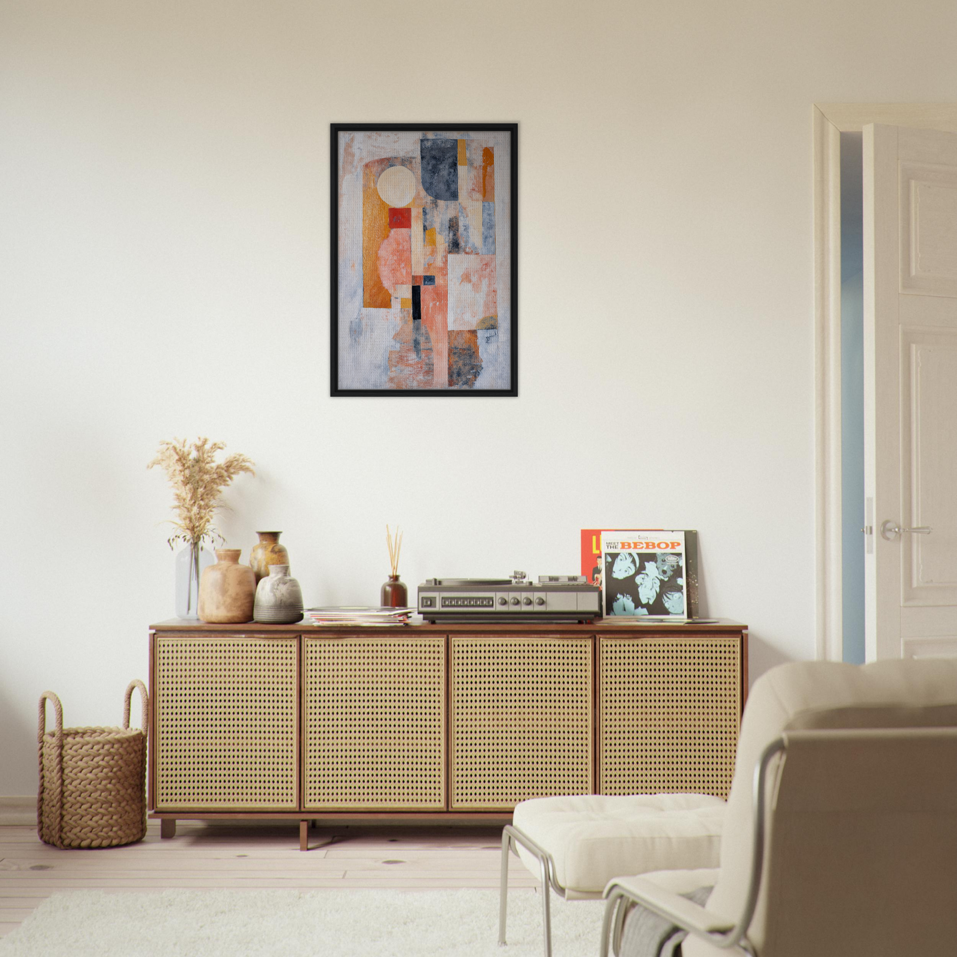 Wooden sideboard with cane-webbed doors enhancing Ecstasy Geometry Dreams room decor