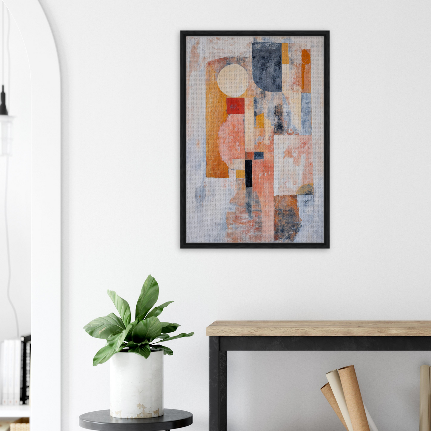 Abstract painting with geometric shapes in pastel colors, framed canvas print for Ecstasy Geometry Dreams