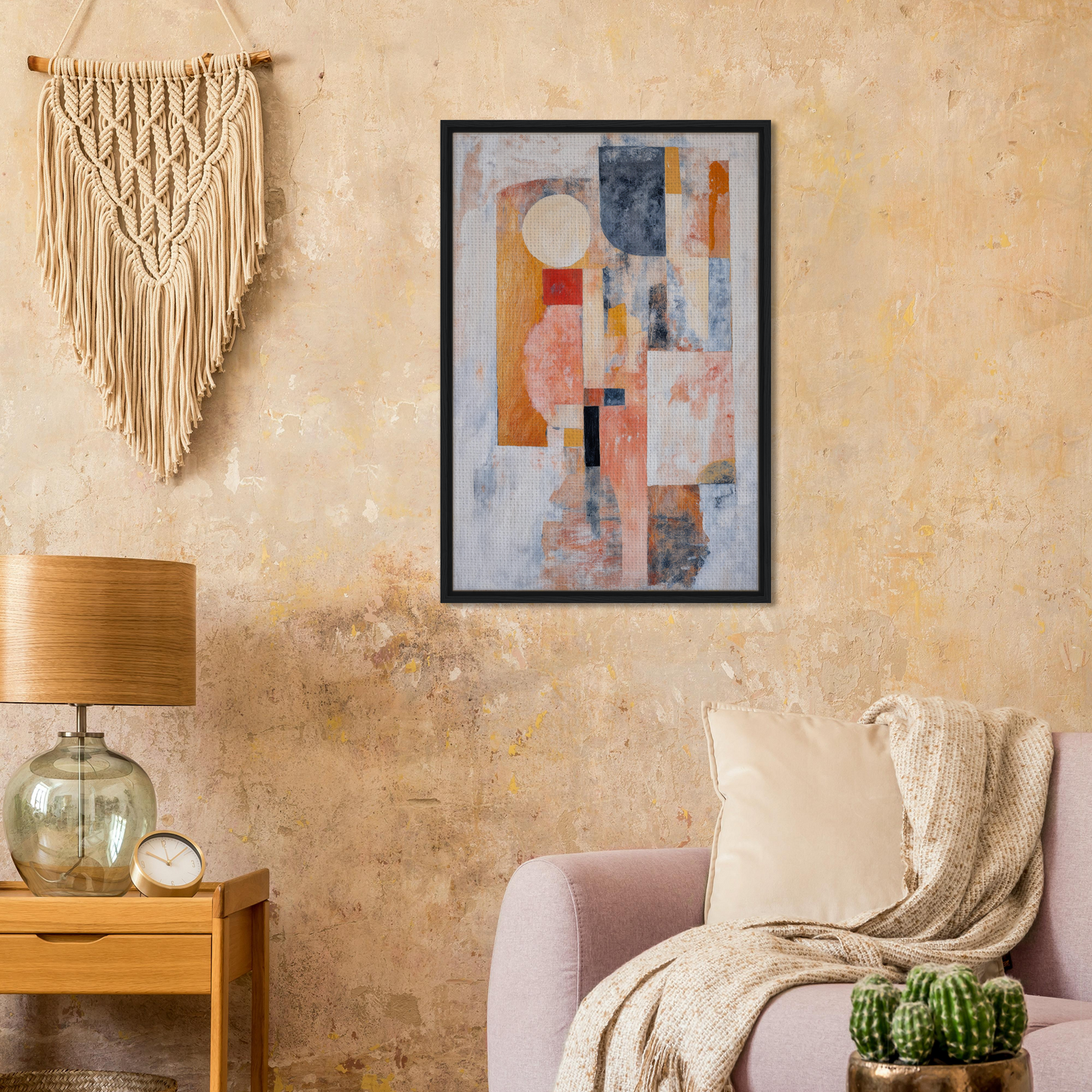 Abstract painting of muted pastel geometric shapes in Ecstasy Geometry Dreams framed print