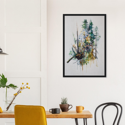 Framed watercolor painting of abstract forest elements for Ecstasy’s Timeless Boughs decor