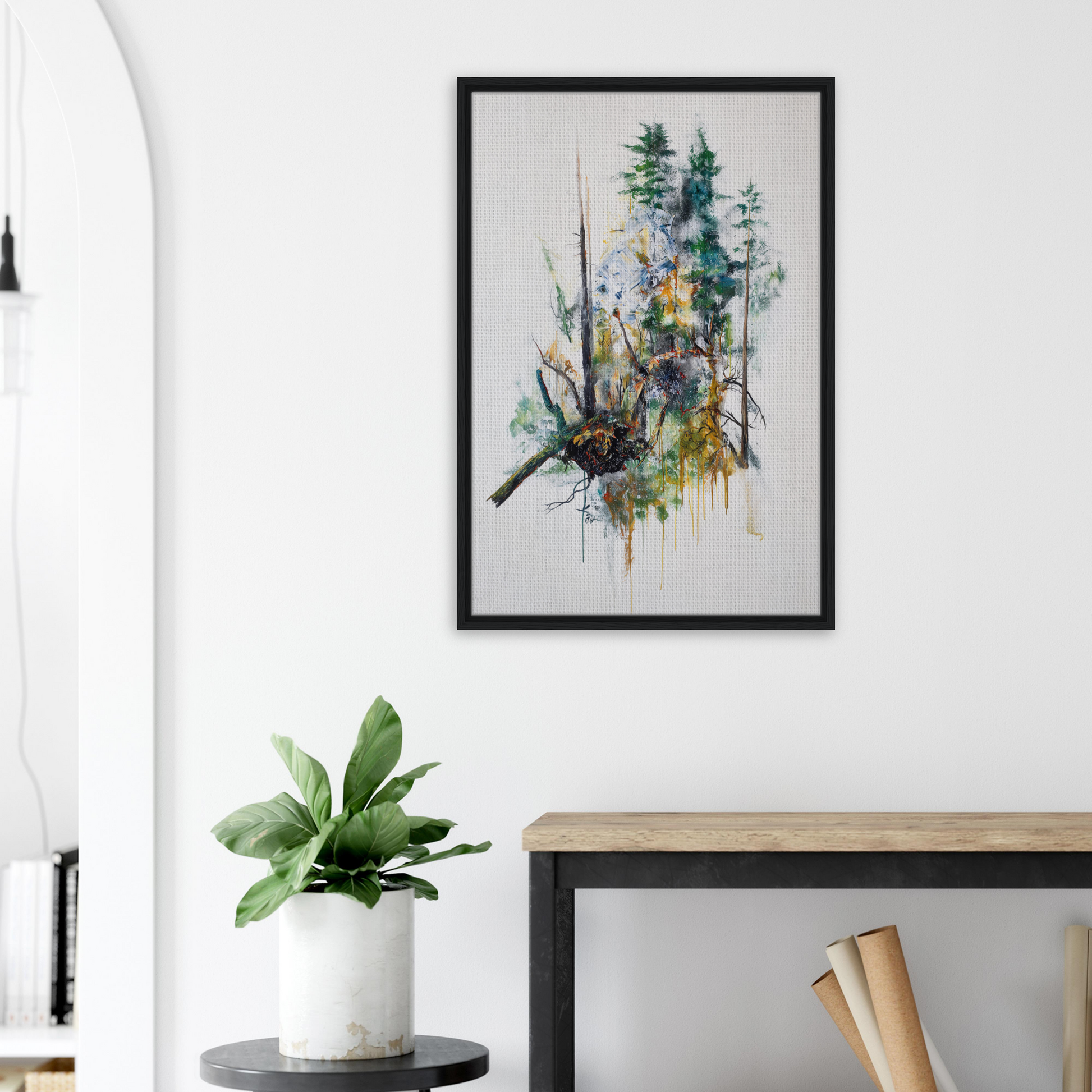 Abstract watercolor painting of trees, framed for Ecstasy’s Timeless Boughs room decor