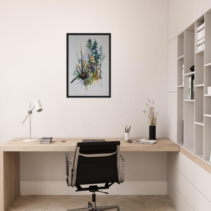 Minimalist home office with Ecstasy’s Timeless Boughs framed canvas print on the wall